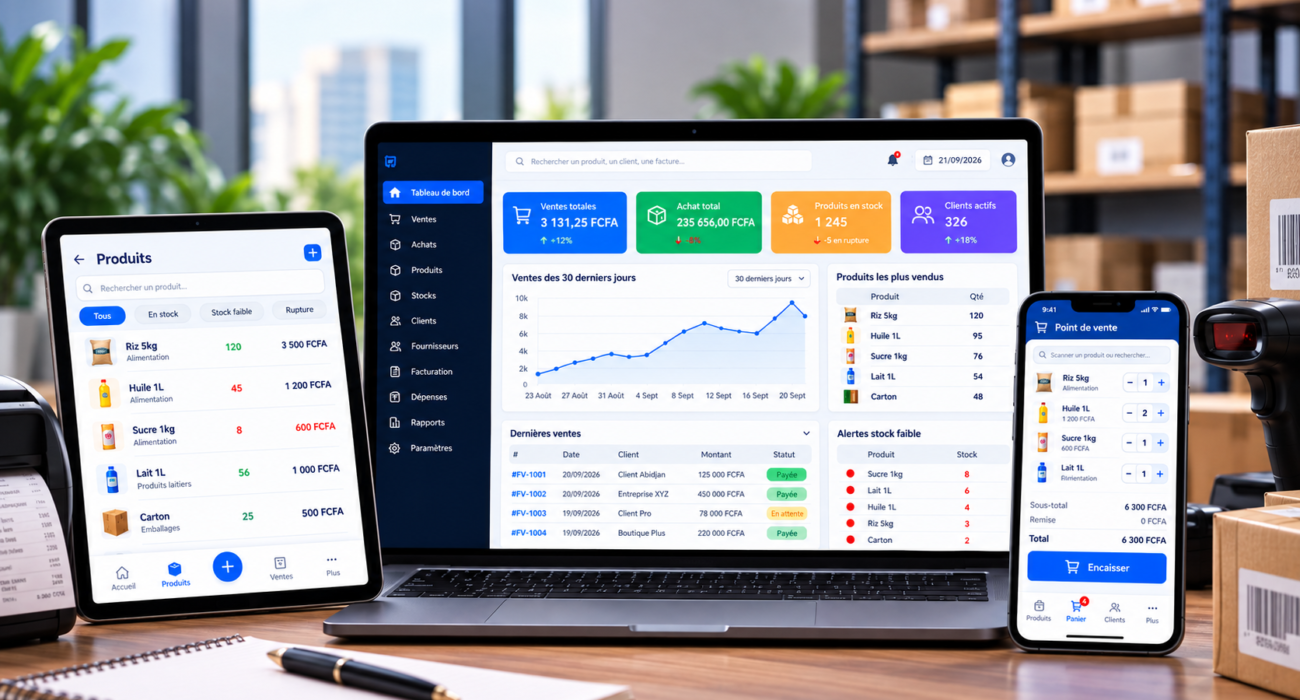 Application ERP avec tableau de bord de gestion des stocks, point de vente et facturation sur ordinateur, tablette et smartphone.