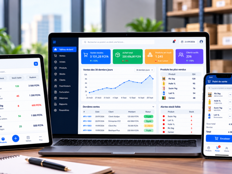 Application ERP avec tableau de bord de gestion des stocks, point de vente et facturation sur ordinateur, tablette et smartphone.