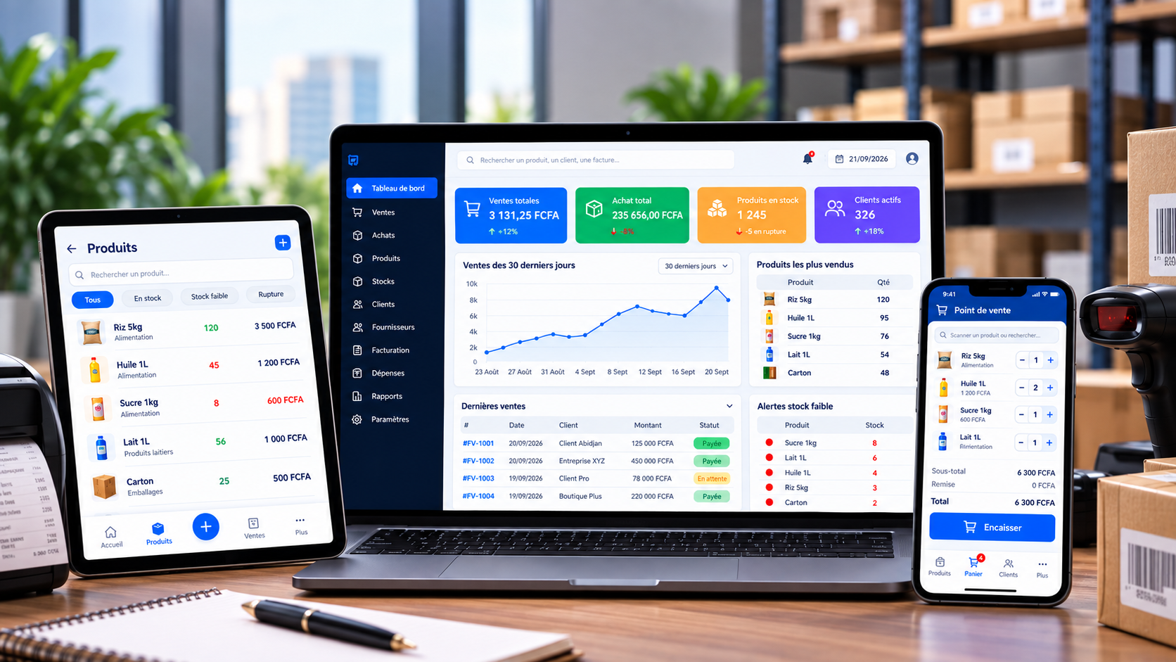 Application ERP avec tableau de bord de gestion des stocks, point de vente et facturation sur ordinateur, tablette et smartphone.