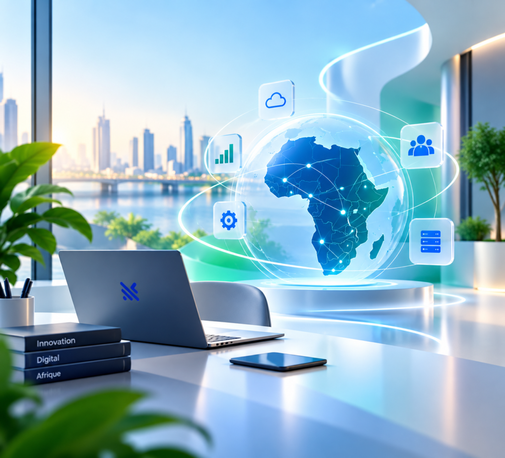 Illustration futuriste de FluxInnov accompagnant la transformation numérique des entreprises en Afrique